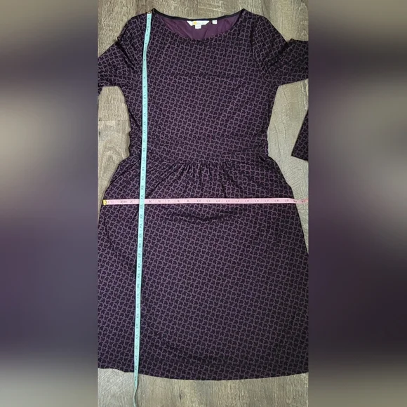 Boden Abigail Jersey Midi Dress Womens 8 Purple Black Leaf Print Long Sleeve - Picture 9 of 12